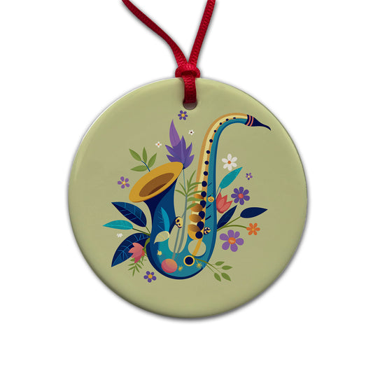 Saxophone Instrument Music Floral Motif Round Ceramic Holiday Christmas Tree Ornament
