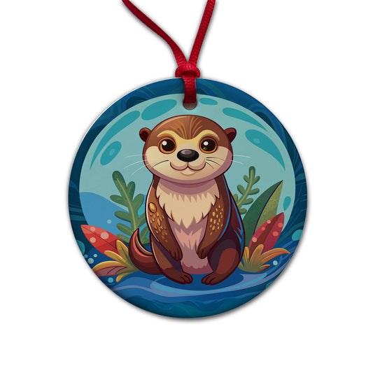 Sea Otter Cute Round Ceramic Holiday Christmas Tree Ornament
