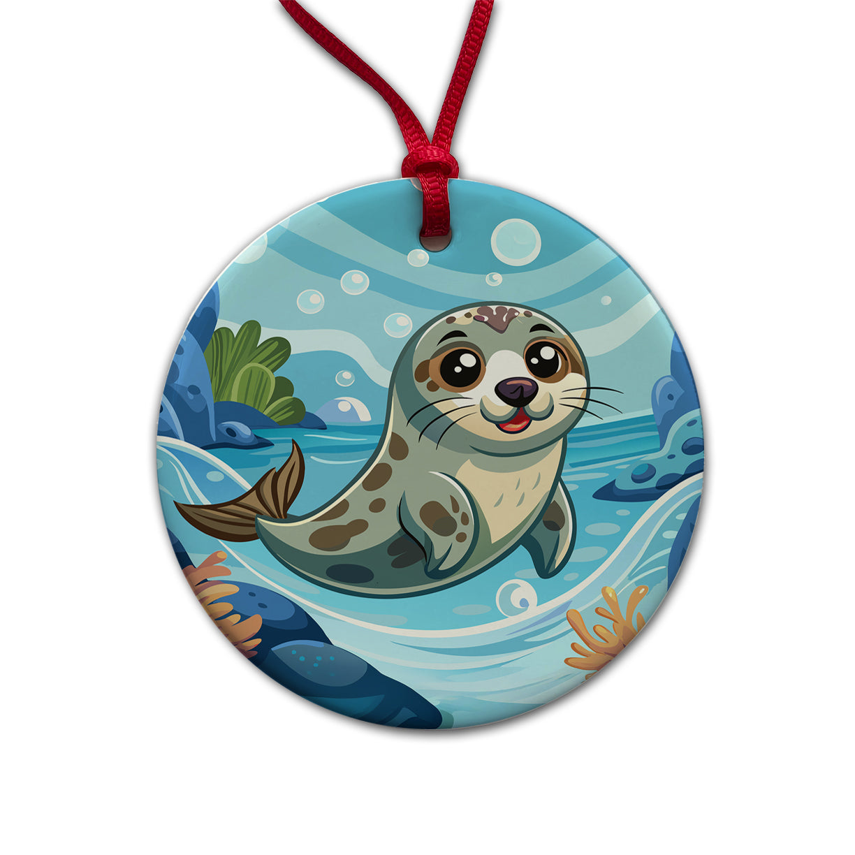 Seal in Water Cute Round Ceramic Holiday Christmas Tree Ornament