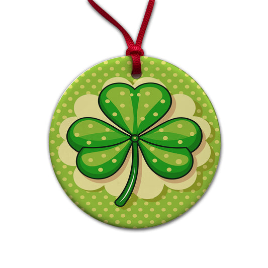 Shamrock on Polka Dot Background Saint Patrick's Day Round Ceramic Holiday Christmas Tree Ornament