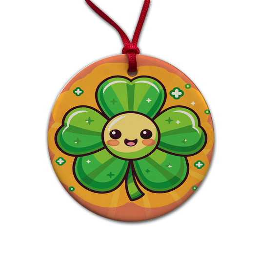 Shamrock Smiling Cute Round Ceramic Holiday Christmas Tree Ornament