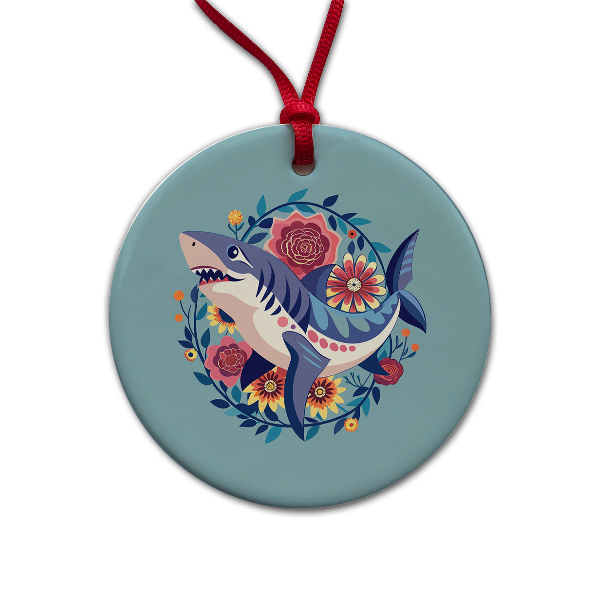 Shark Floral Flowers Round Ceramic Holiday Christmas Tree Ornament