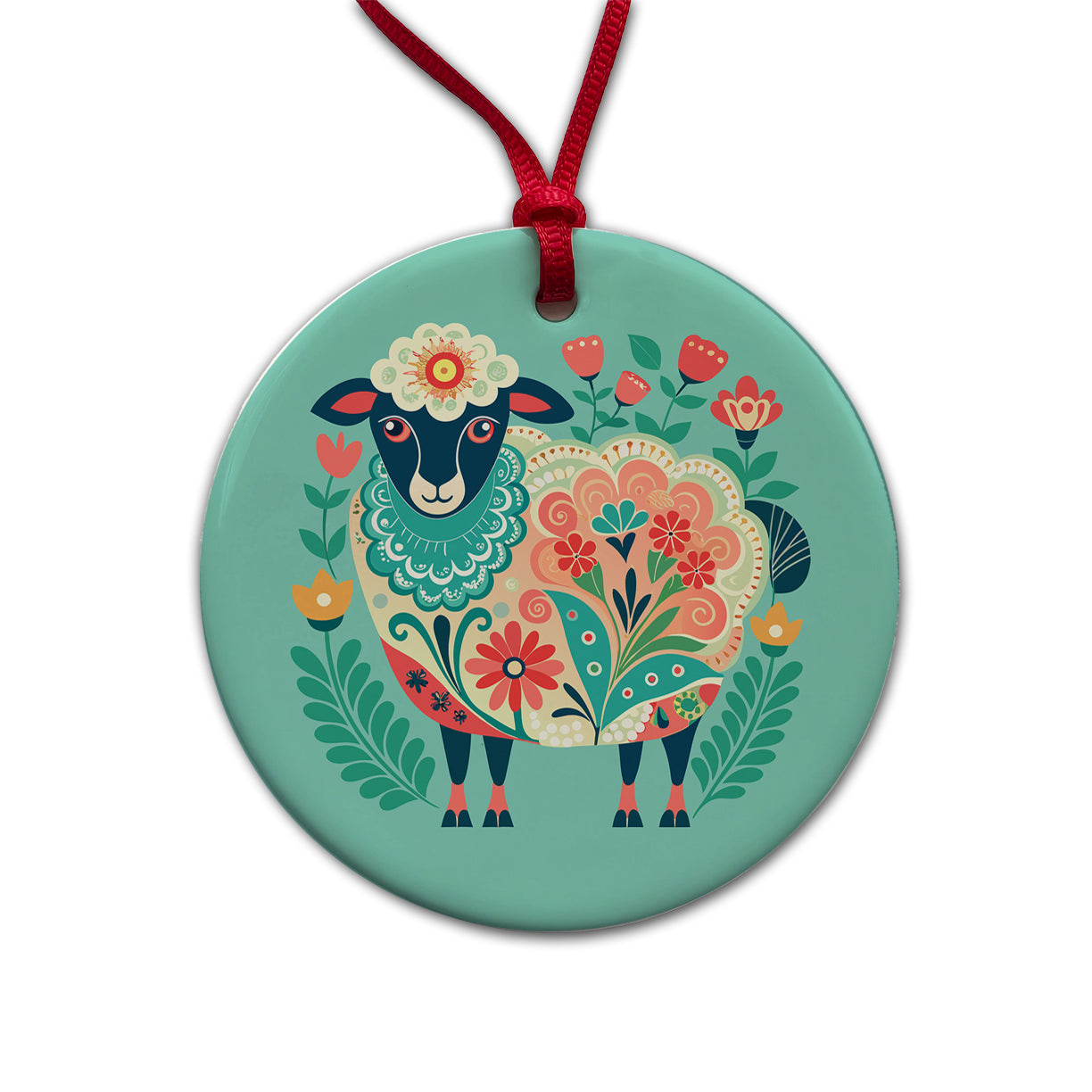 Sheep Floral Flowers Round Ceramic Holiday Christmas Tree Ornament
