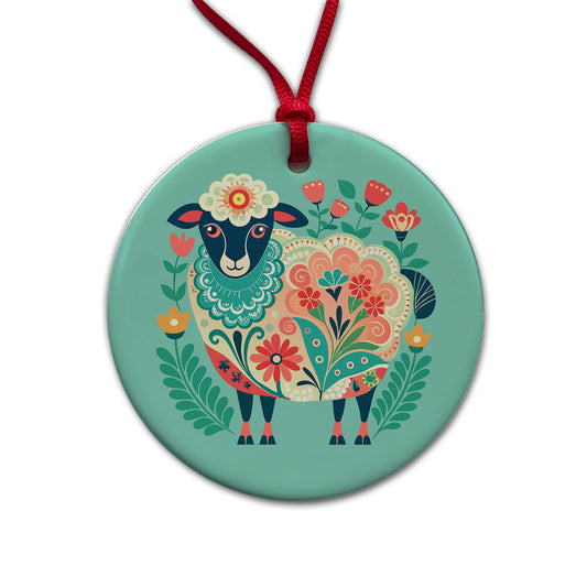 Sheep Floral Flowers Round Ceramic Holiday Christmas Tree Ornament