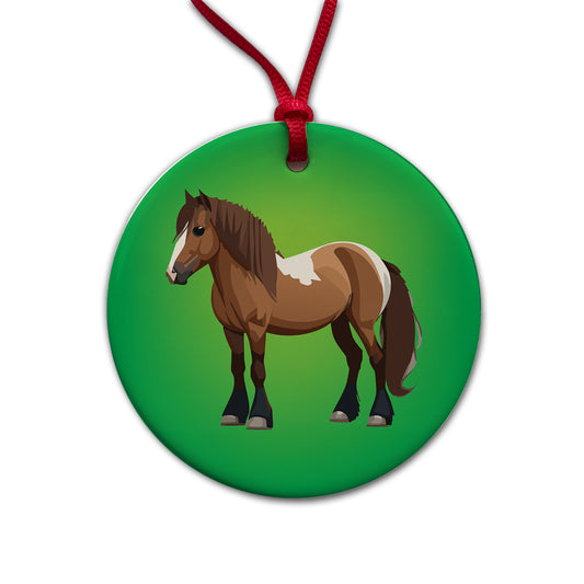Shetland Pony Horse Standing Round Ceramic Holiday Christmas Tree Ornament