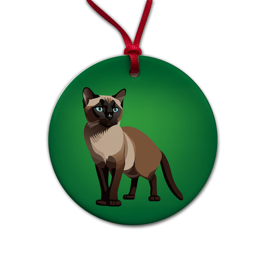 Siamese Cat Standing Round Ceramic Holiday Christmas Tree Ornament