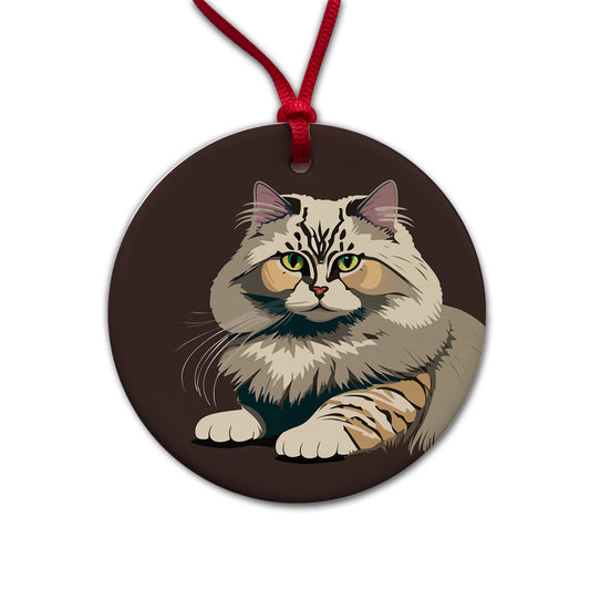 Siberian Cat Crouched Round Ceramic Holiday Christmas Tree Ornament