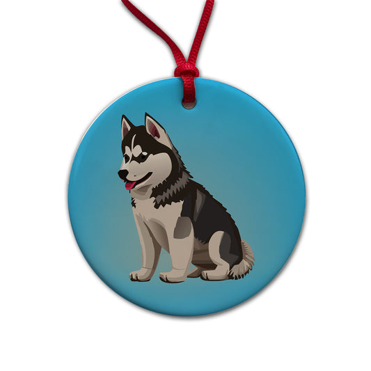 Siberian Husky Dog Sitting Round Ceramic Holiday Christmas Tree Ornament