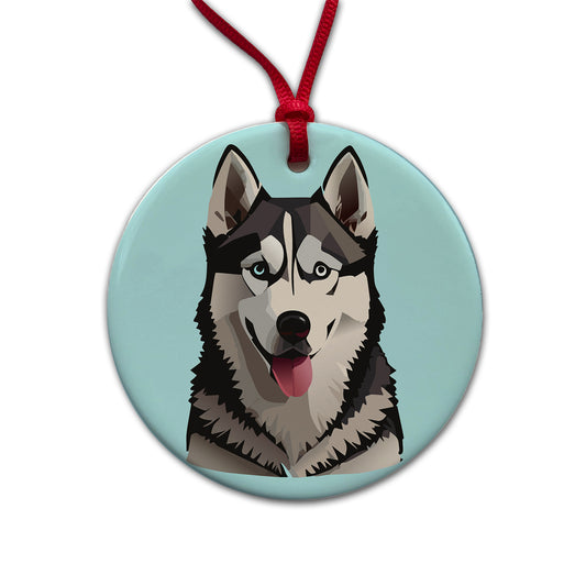 Siberian Husky Dog Tongue Out Round Ceramic Holiday Christmas Tree Ornament