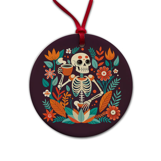 Skeleton Drinking Tea Funny Floral Flowers Round Ceramic Holiday Christmas Tree Ornament