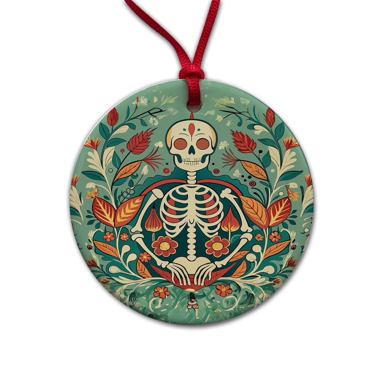 Skeleton Floral Art Nouveau Flowers Elegant Round Ceramic Holiday Christmas Tree Ornament