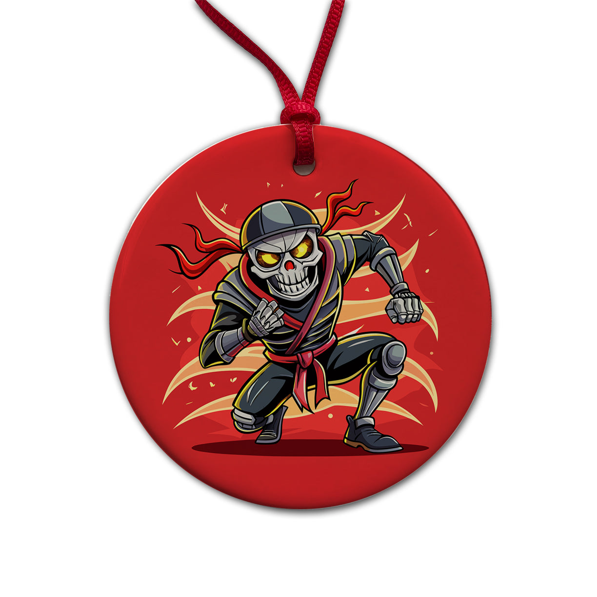 Skeleton Ninja Fighting Warrior Round Ceramic Holiday Christmas Tree Ornament