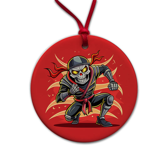 Skeleton Ninja Fighting Warrior Round Ceramic Holiday Christmas Tree Ornament