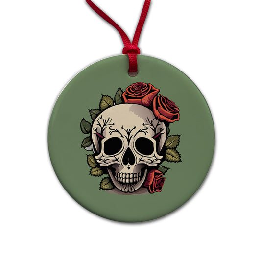 Skull and Roses Round Ceramic Holiday Christmas Tree Ornament