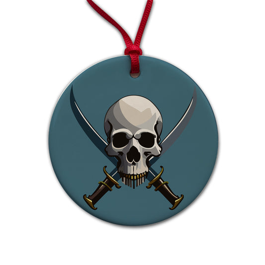 Skull Pirate Crossed Swords Round Ceramic Holiday Christmas Tree Ornament