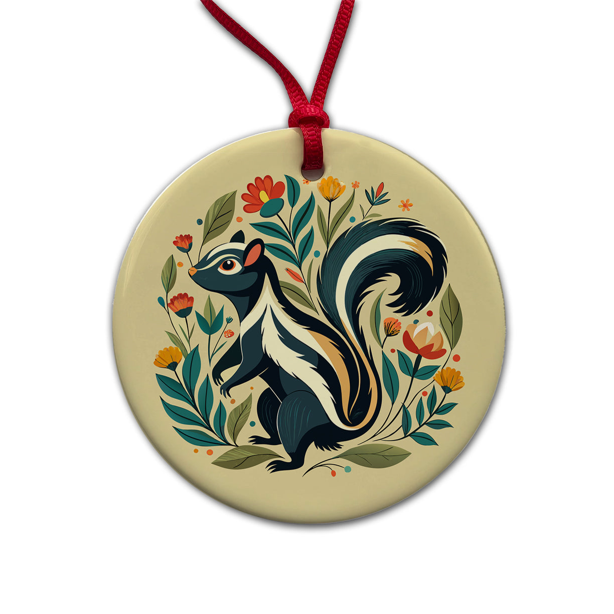 Skunk Floral Flowers Round Ceramic Holiday Christmas Tree Ornament