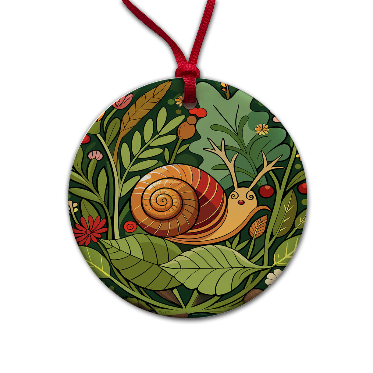 Snail Botanical Art Nouveau Round Ceramic Holiday Christmas Tree Ornament