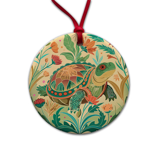 Snapping Turtle Botanical Art Nouveau Round Ceramic Holiday Christmas Tree Ornament