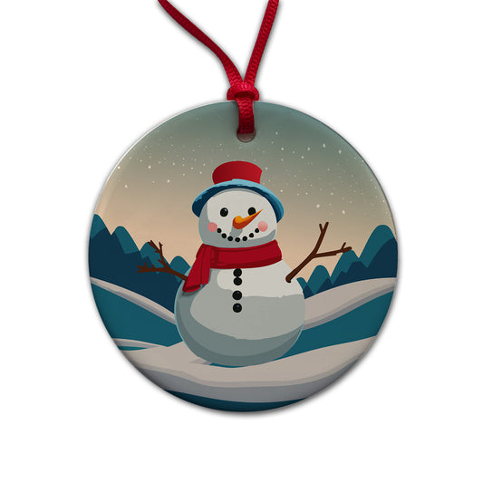 Snowman Happy Winter Christmas Round Ceramic Holiday Christmas Tree Ornament