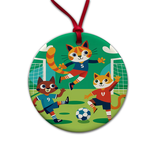 Soccer Cats Playing Ball Field Round Ceramic Holiday Christmas Tree Ornament