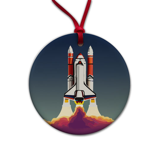Space Shuttle Launch Blasting Off Round Ceramic Holiday Christmas Tree Ornament