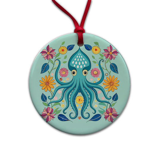 Squid Floral Flowers Round Ceramic Holiday Christmas Tree Ornament