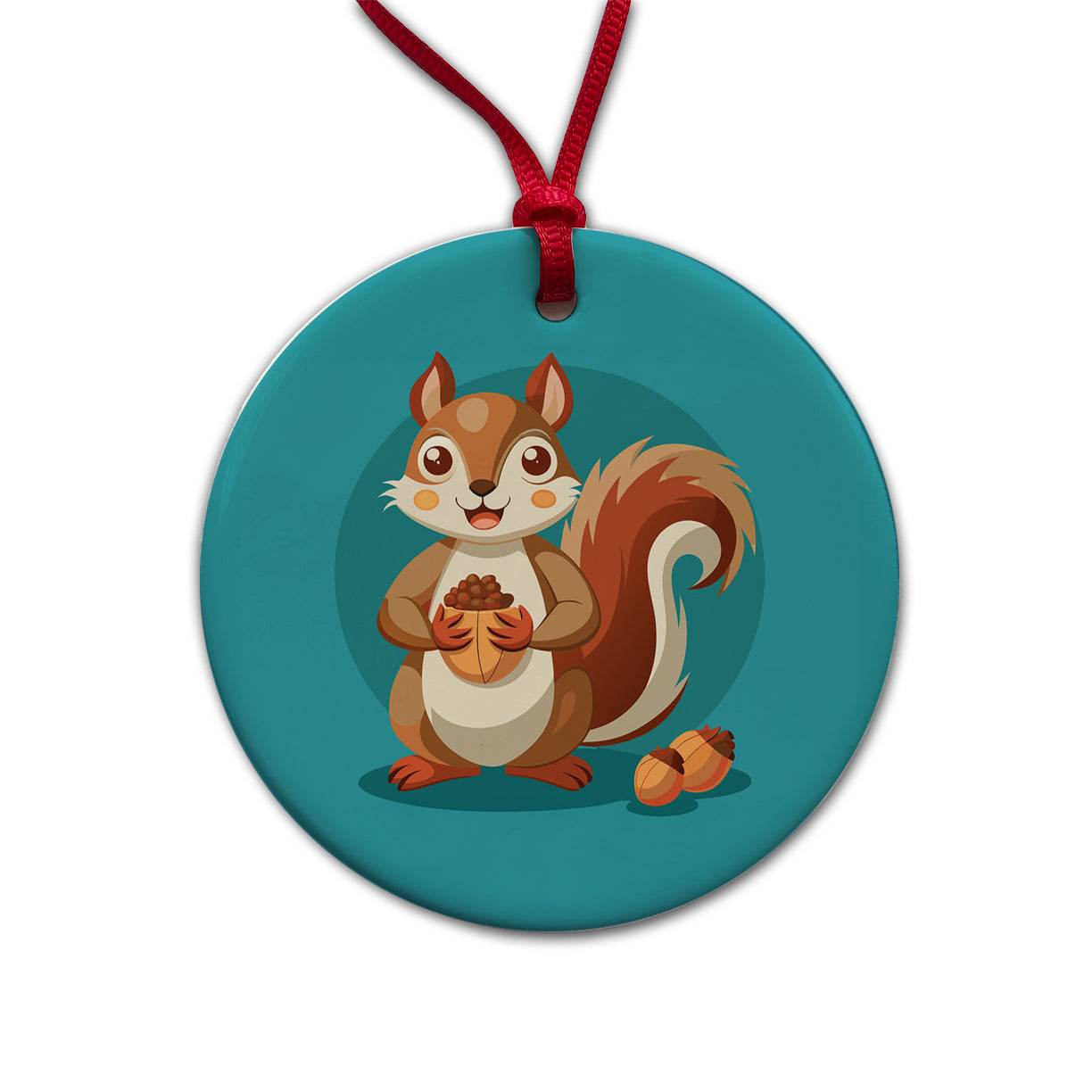 Squirrel with Nuts Smiling Round Ceramic Holiday Christmas Tree Ornament