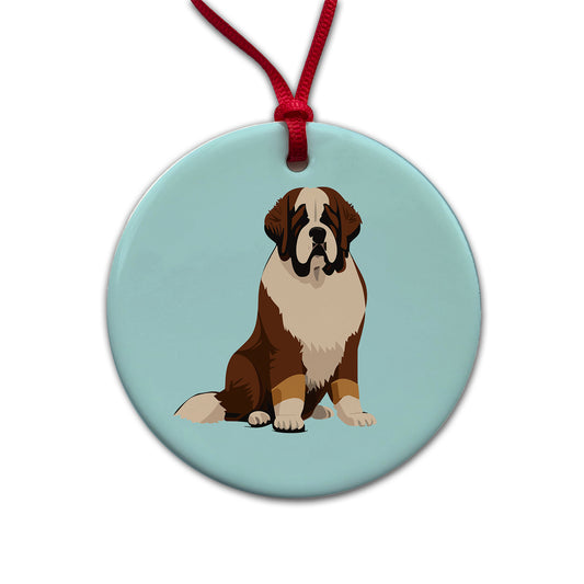 St Bernard Dog Sitting Round Ceramic Holiday Christmas Tree Ornament