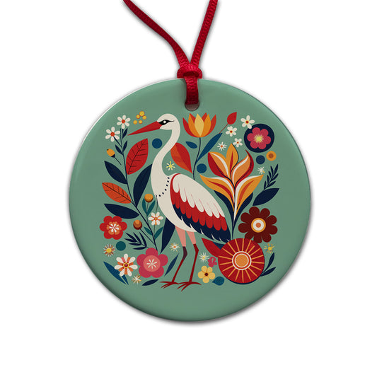 Stork Bird Floral Flowers Round Ceramic Holiday Christmas Tree Ornament