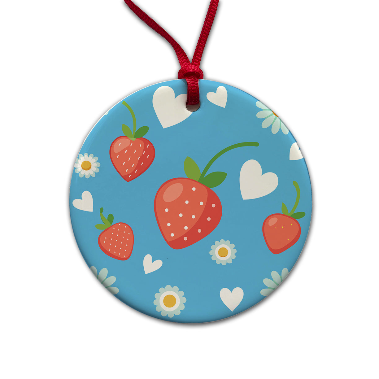 Strawberries Daisies Strawberry Daisy Hearts Round Ceramic Holiday Christmas Tree Ornament
