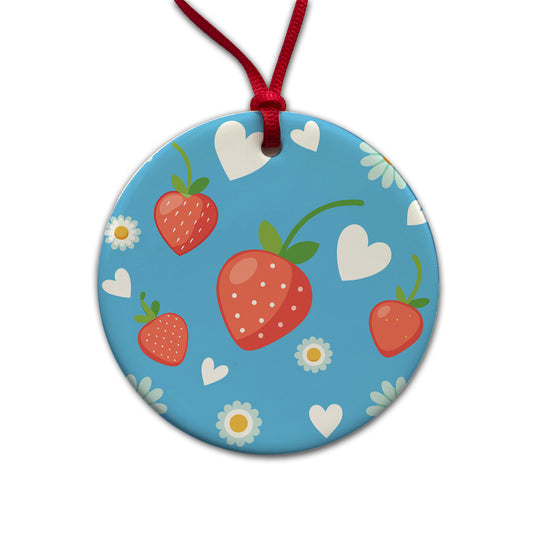 Strawberries Daisies Strawberry Daisy Hearts Round Ceramic Holiday Christmas Tree Ornament