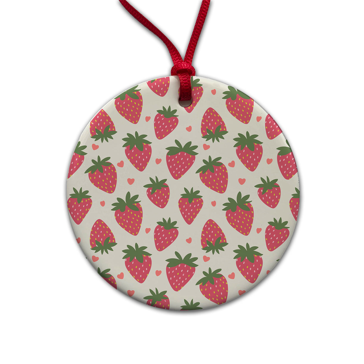 Strawberries Strawberry Hearts Pattern Round Ceramic Holiday Christmas Tree Ornament