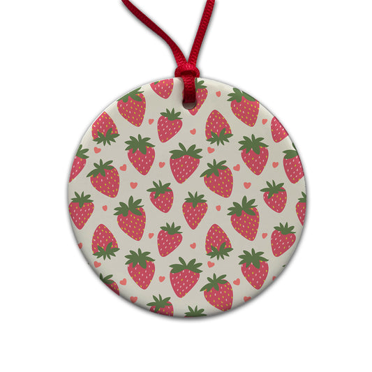 Strawberries Strawberry Hearts Pattern Round Ceramic Holiday Christmas Tree Ornament
