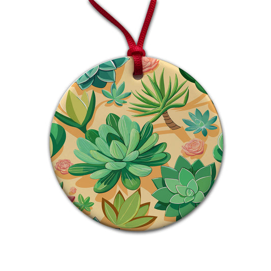 Succulents Scattered Pattern Round Ceramic Holiday Christmas Tree Ornament
