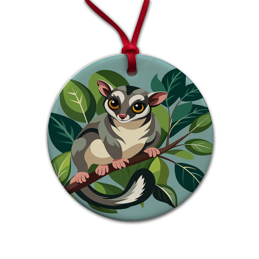 Sugar Glider on Tree Branch Round Ceramic Holiday Christmas Tree Ornament