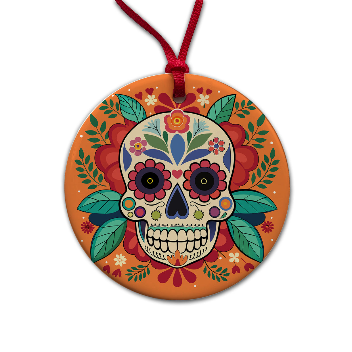 Sugar Skull with Floral Background Round Ceramic Holiday Christmas Tree Ornament