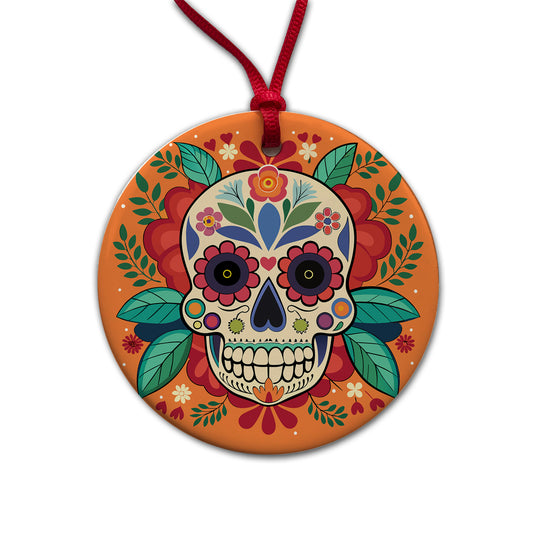 Sugar Skull with Floral Background Round Ceramic Holiday Christmas Tree Ornament