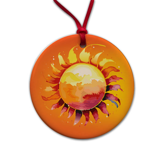 Sun Watercolor Artistic Round Ceramic Holiday Christmas Tree Ornament