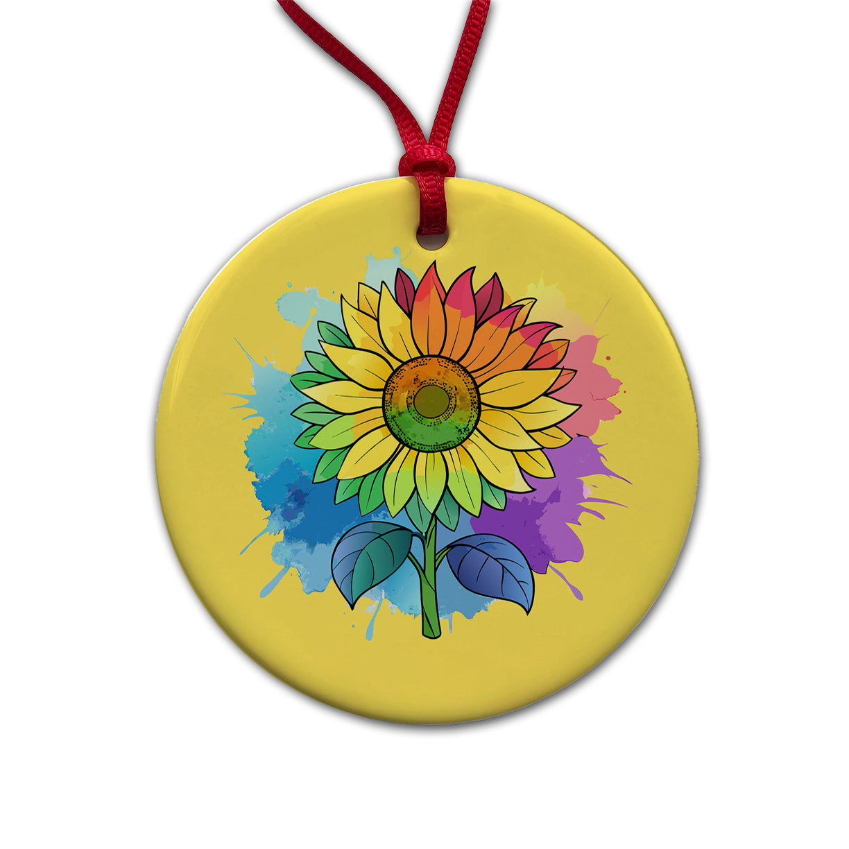 Sunflower Rainbow Watercolor Round Ceramic Holiday Christmas Tree Ornament