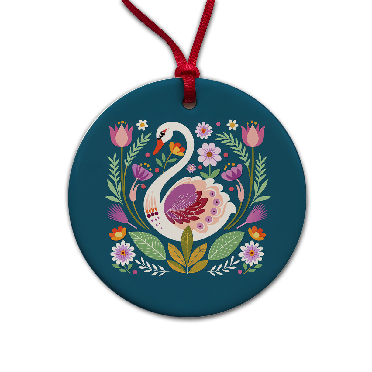 Swan Bird Floral Flowers Round Ceramic Holiday Christmas Tree Ornament