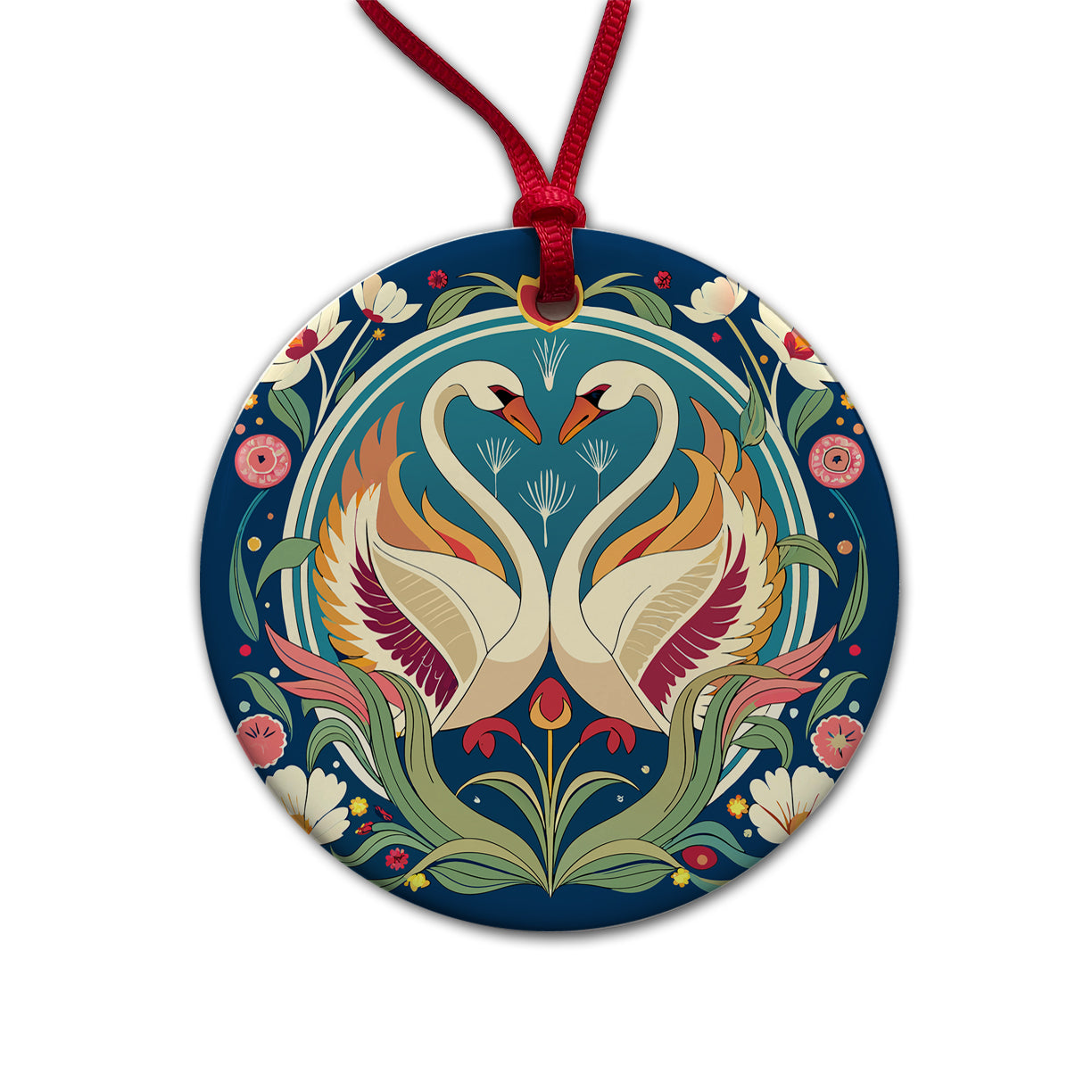Swans Floral Art Nouveau Flowers Elegant Round Ceramic Holiday Christmas Tree Ornament