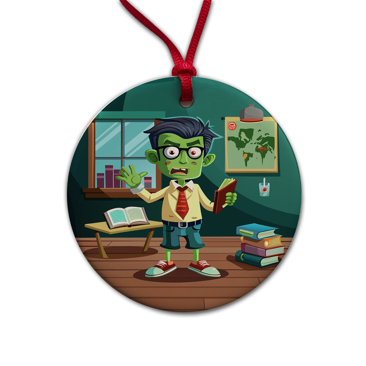 Teacher Zombie Man Male Funny Round Ceramic Holiday Christmas Tree Ornament