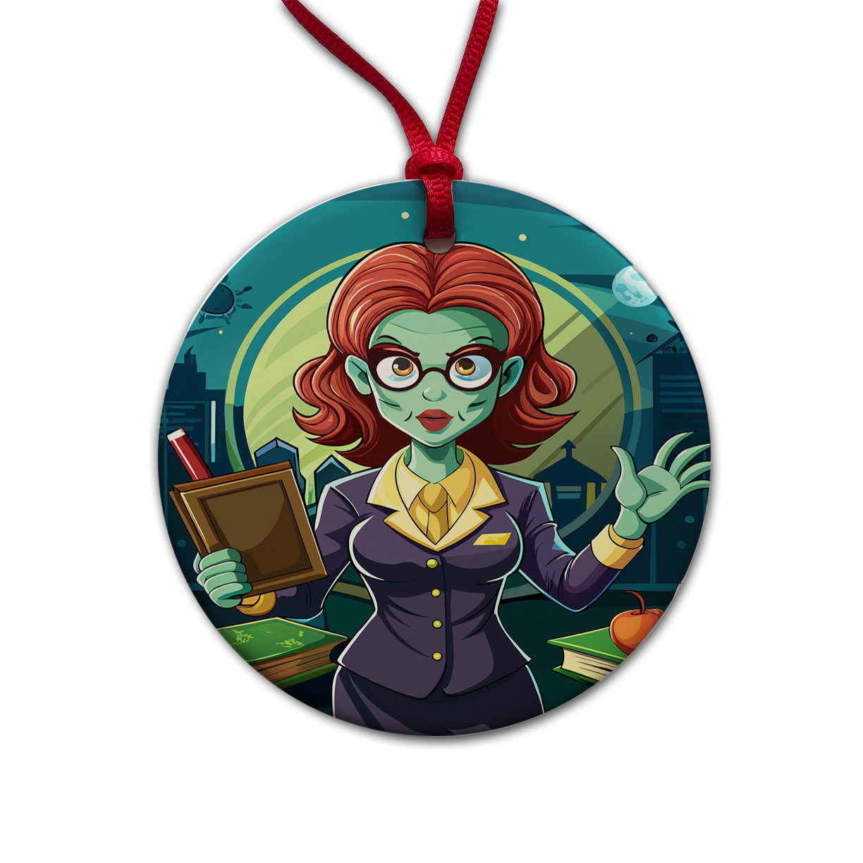 Teacher Zombie Woman Female Funny Round Ceramic Holiday Christmas Tree Ornament