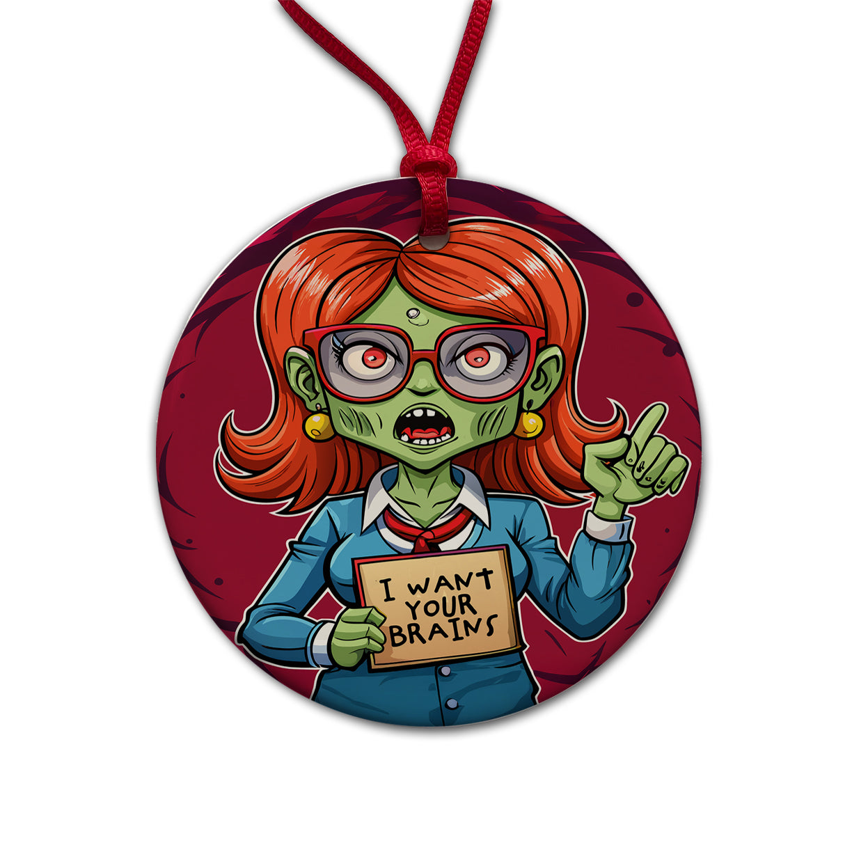 Teacher Zombie Woman I Want Your Brains Round Ceramic Holiday Christmas Tree Ornament