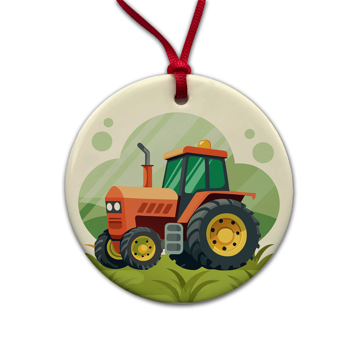 Tractor Cartoon Round Ceramic Holiday Christmas Tree Ornament