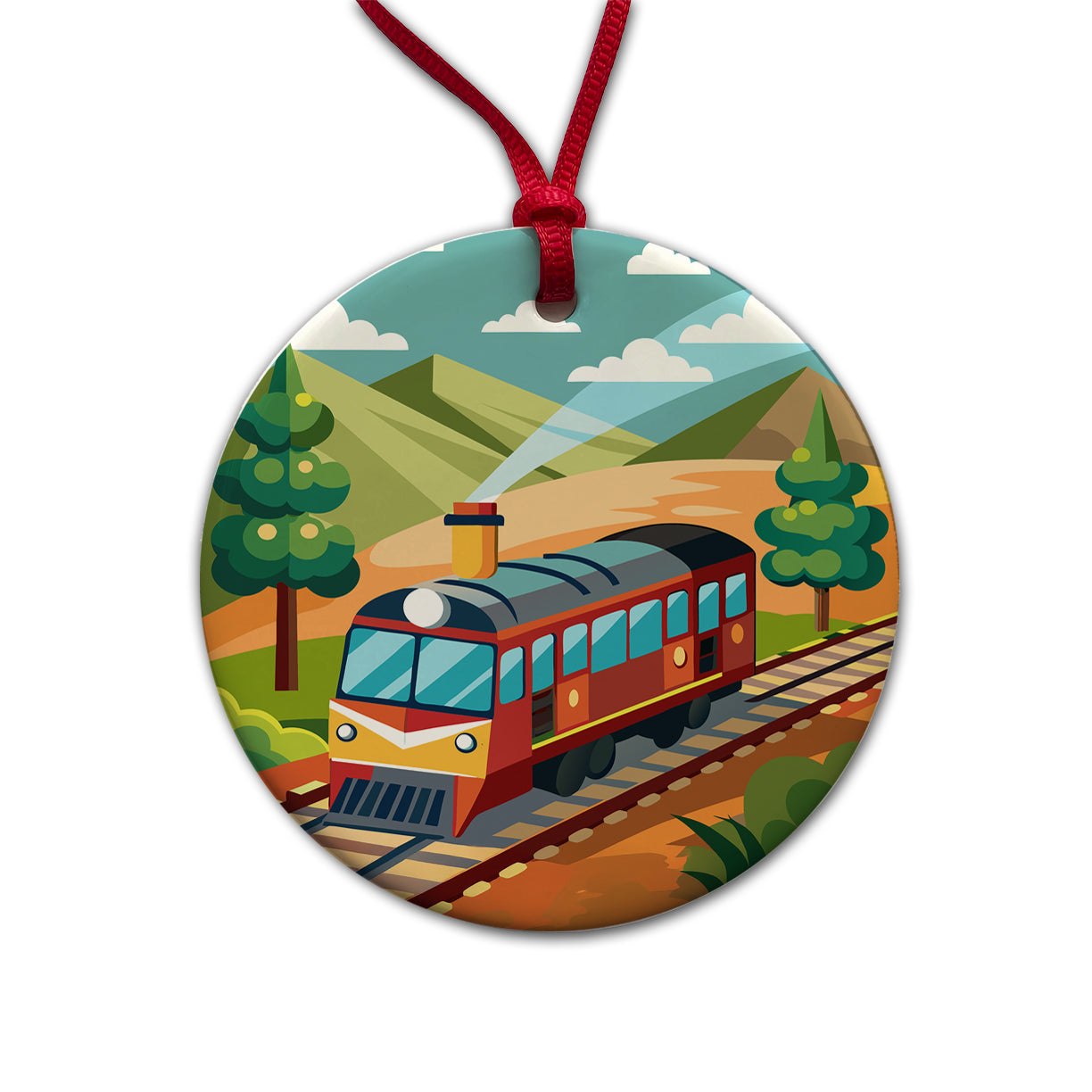 Train on Track Round Ceramic Holiday Christmas Tree Ornament