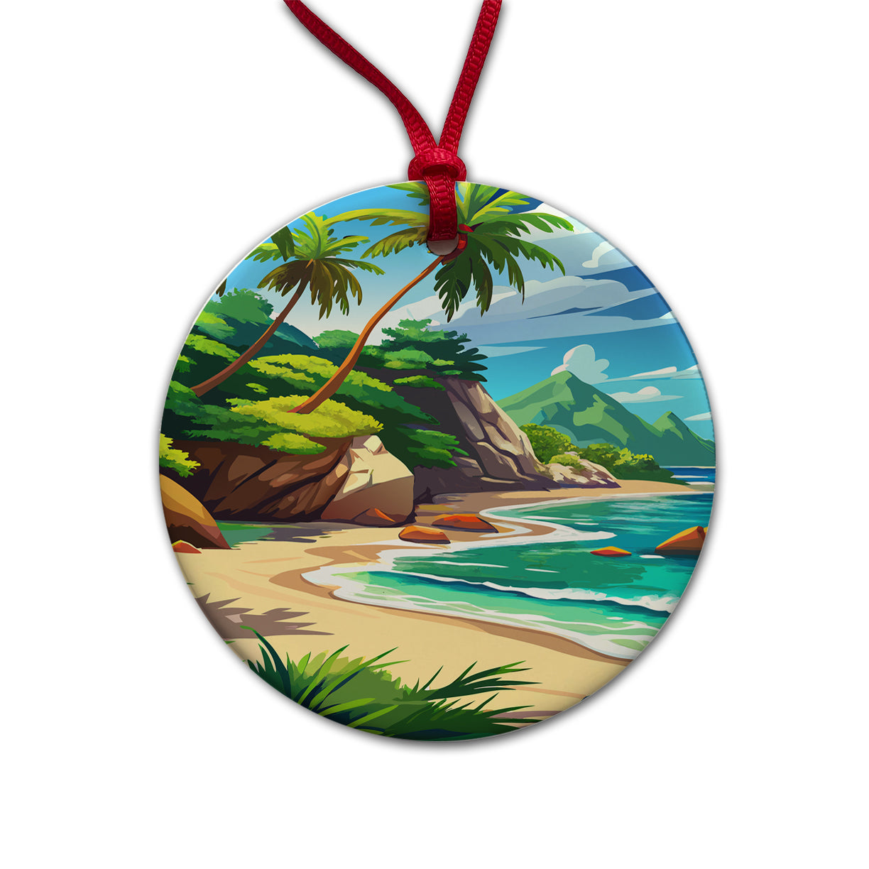 Tropical Beach Beautiful Vacation Travel Round Ceramic Holiday Christmas Tree Ornament