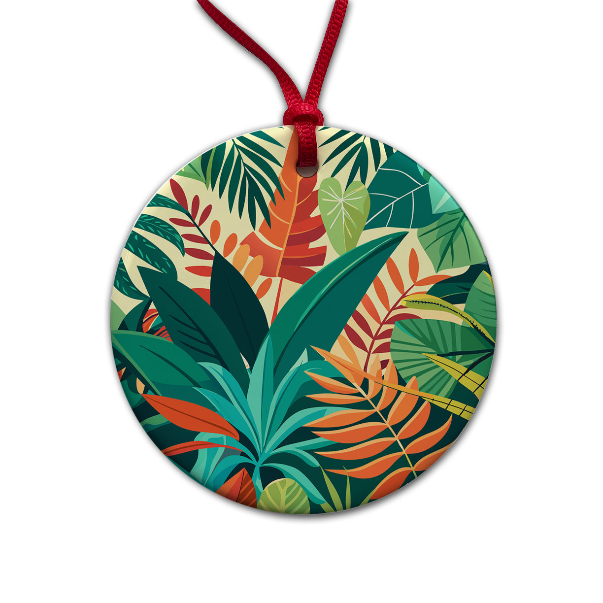 Tropical Leaves Foliage Round Ceramic Holiday Christmas Tree Ornament