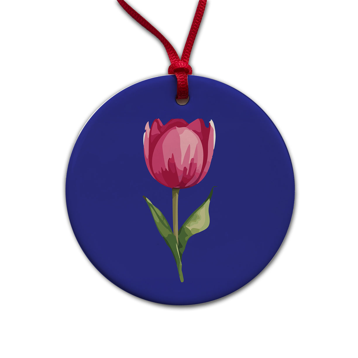 Tulip Flower Pink Watercolor Round Ceramic Holiday Christmas Tree Ornament