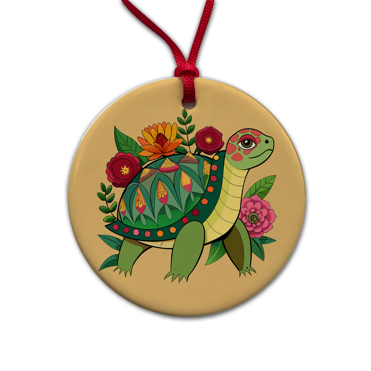 Turtle Floral Flowers Round Ceramic Holiday Christmas Tree Ornament